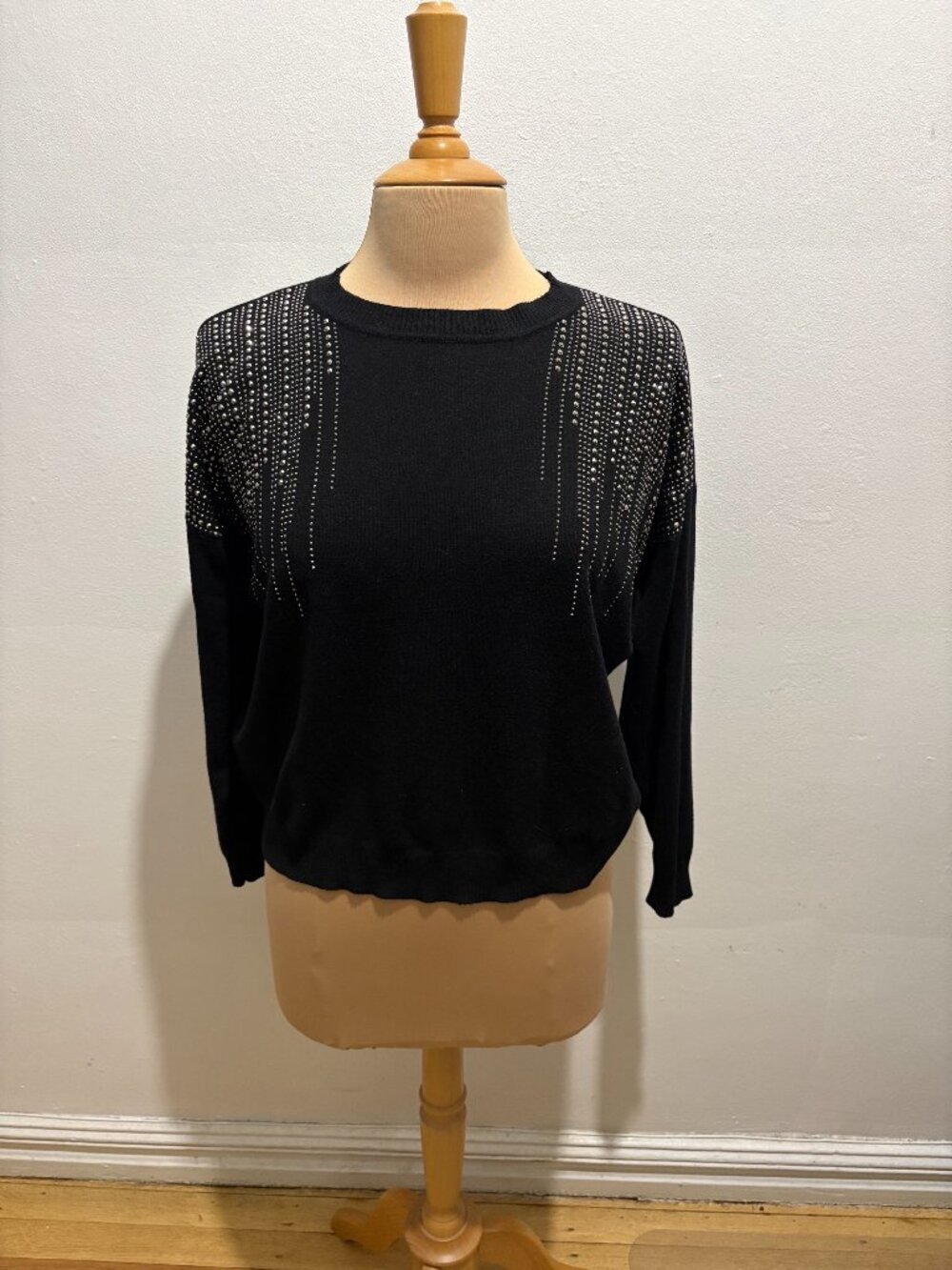 Milano ballet neck sweater in black with rhinestone waterfall in gunmetal